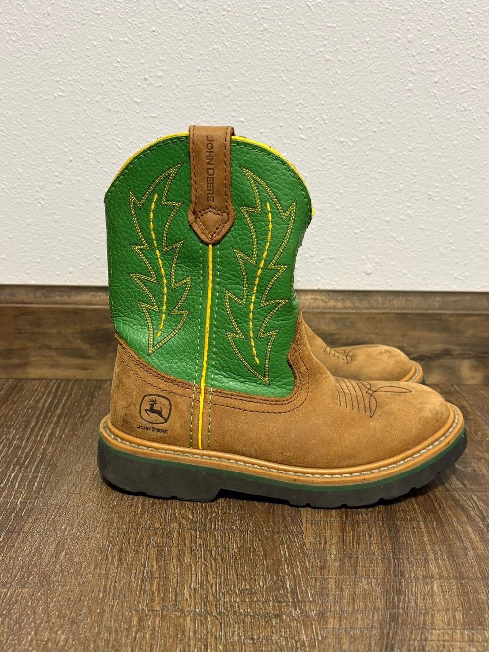 VTG John Deere Kids Western Cowboy Boots Size 13M Brown Green Leather JD2186